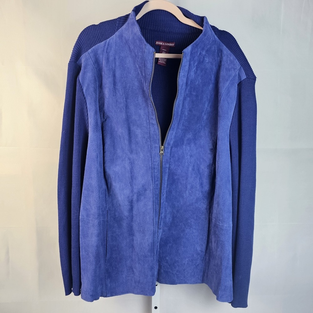 Jessica London Blue Suede Leather Ribbed Knit Full Zip Jacket Women 30/32 US 3X - Picture 1 of 11